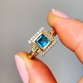 London Blue Topaz Square Art Deco Style Ring, 3 of 6