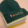 Unisex Hand Embroidered Beanie Hat Green, thumbnail 2 of 6