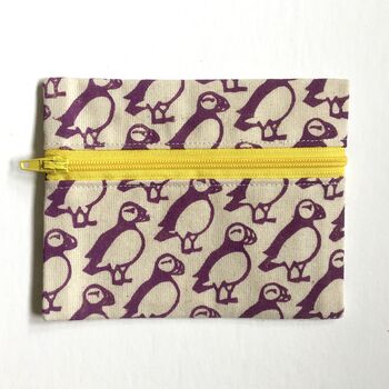 Puffin Coin Purse. Purple. Cotton Pouch. Handmade, 4 of 5