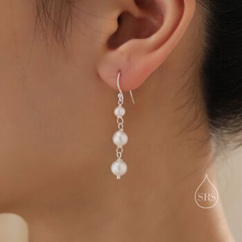 Sterling Silver Natural Pearl Trio Drop Hook Earrings, 2 of 11