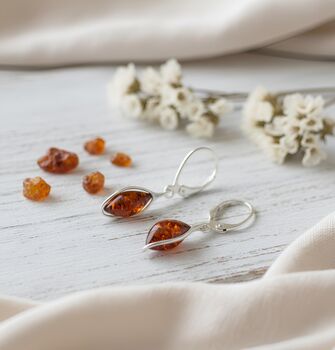 Cognac Baltic Amber And Silver Teardrop Earrings, 3 of 3