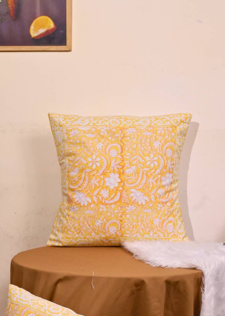 Yellow Patterned Block Print Cushion Cover Set Of Two By House of Amaya