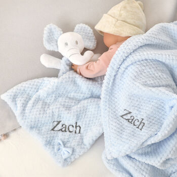 Personalised Blue Waffle Blanket Elephant Comforter Set, 4 of 10