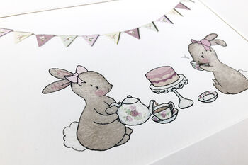 Personalised Girls Bunny Tea For Two Nursery Print, 4 of 8