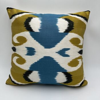 Square Ikat Silk Cushion Ochre And Blue Heart, 3 of 11