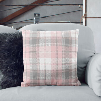 Modern Grey And Blush Pink Tartan Chenille Cushion, 5 of 12