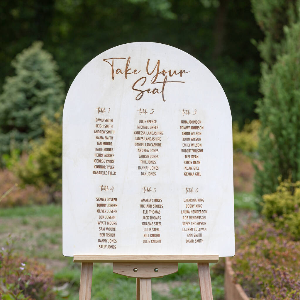 Engraved Wooden Arch Seating Plan Wedding Sign, 1 of 3