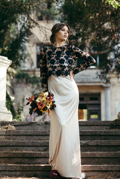 Black Macrame Lace Top Long Sleeved Wedding Dress Topper, 6 of 10