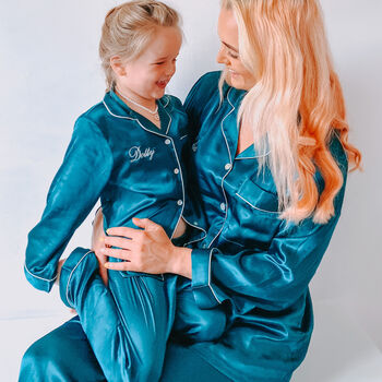 Personalised Mum And Child Emerald Silky Pj, 3 of 7