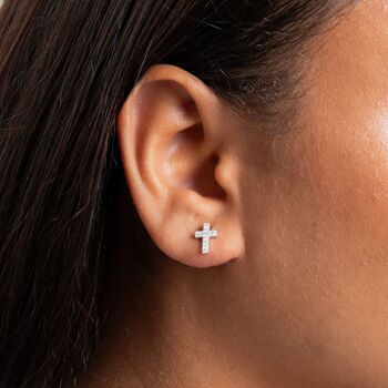 Sterling Silver Cubic Zirconia Cross Stud Earrings, 2 of 5