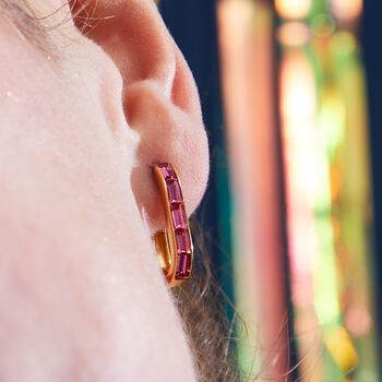 Oval Baguette Hoop Earrings With Pink Stones, 3 of 6