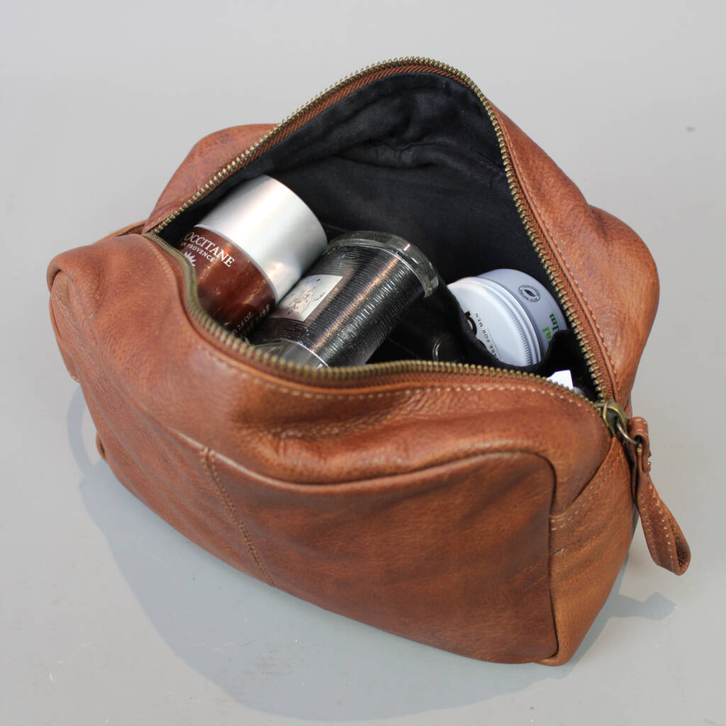 'stanley' Eco Friendly Zip Top Leather Wash Bag Tan By Vintage Child