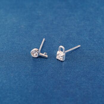 Dainty Cz Stone Padlock And Key Stud Earrings, 925 Sterling Silver, 4 of 8