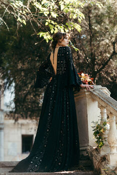 Black Lace Wedding Dress With Bell Sleeves And Train, 4 of 12