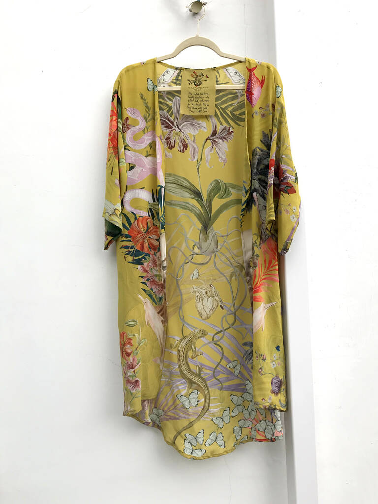 Silk Kimono Jacket 'Enticement' Print Vibrant Yellow By Alice Acreman Silks
