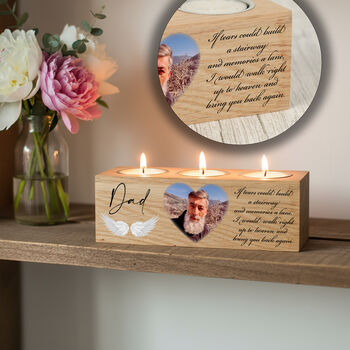 Solid Oak Memorial Photo And Angel Wings Triple Candle Tealight Holder, 3 of 3