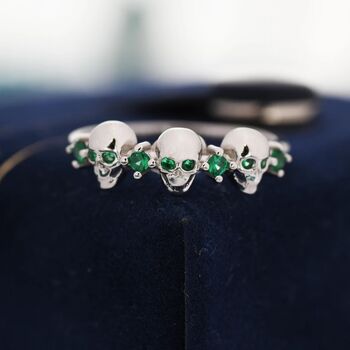 Sterling Silver Triple Skull Ring With Emerald Green Cz, 6 of 10
