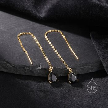 Black Cz Droplet Threader Earrings In Sterling Silver, 8 of 11