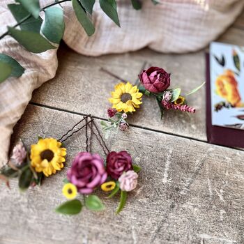 Sunflower, Burgundy And Dusty Pink Hair Pins, 8 of 9
