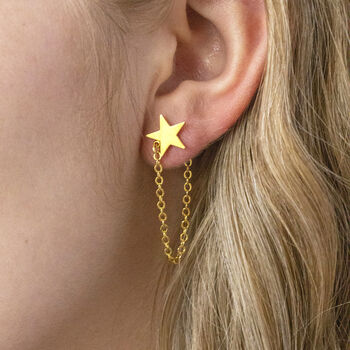 Gold Plated Star Earrings With Chain Drop Detail, 4 of 8
