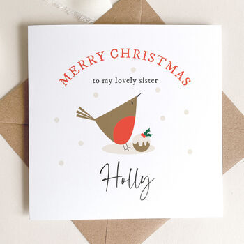 Personalised Christmas Card For Sister: Robin With Christmas Pudding Design, 2 of 5