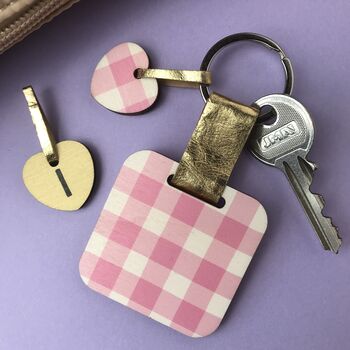 Personalised Pink Gingham Print Wooden Keyring, 4 of 6