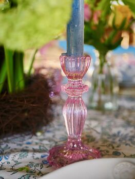 Pair Of Pink Glass Lace Edge Candlesticks, 5 of 10