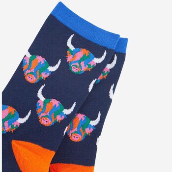 Women's Rainbow Highland Cow Bamboo Socks Navy Blue, 3 of 4