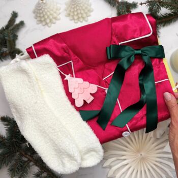 Luxury Christmas Pyjama Gift Set For Her – Deep Pink Satin Pjs, Candle, Socks And Hair Bow, 8 of 9