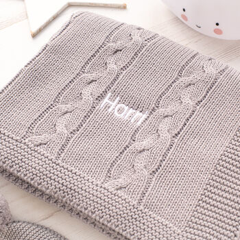 Dark Grey Cable Knitted Personalised Baby Blanket, 5 of 12