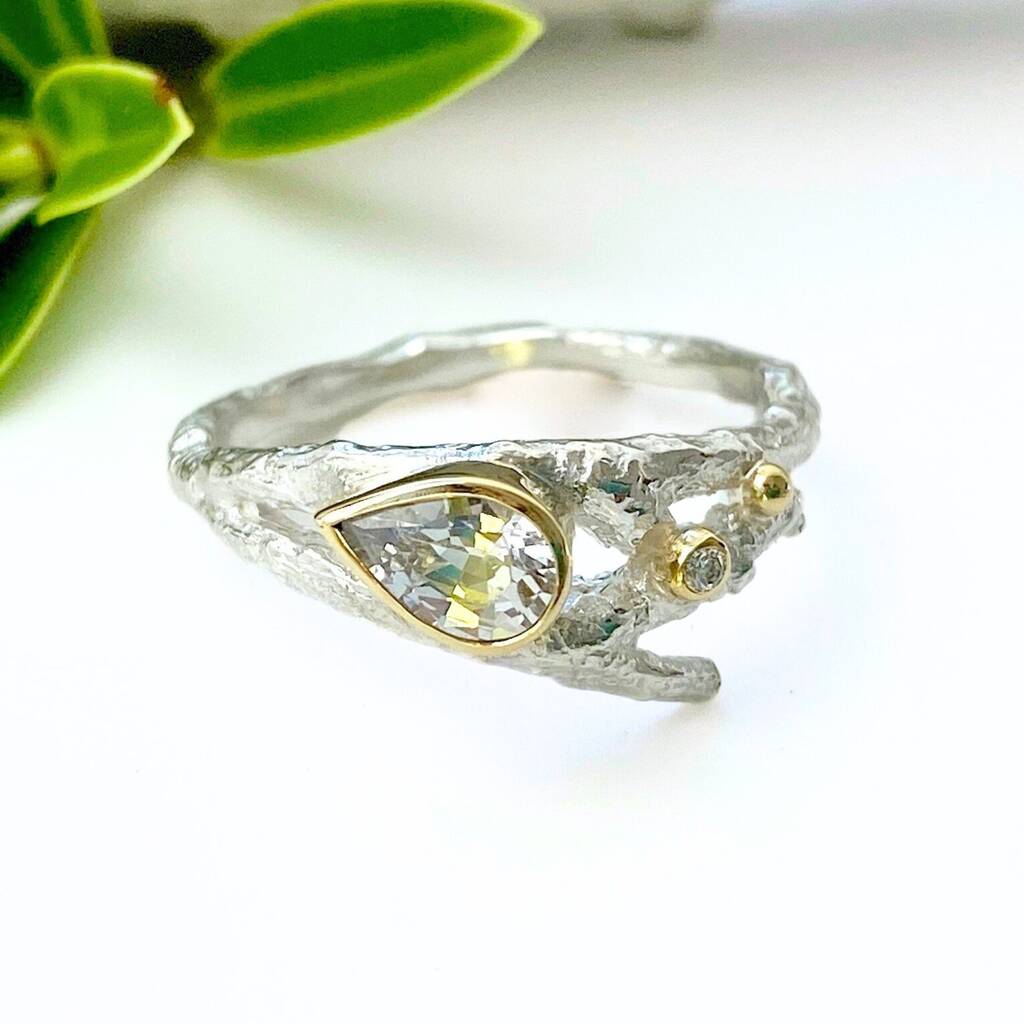 White Sapphire And Diamond Elvish Twig Engagement Ring, 1 of 8