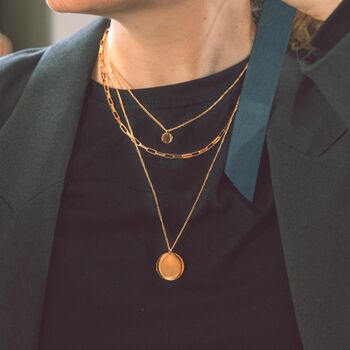 Disc Pendant Layered Gold Necklace With Three Chains, 7 of 9