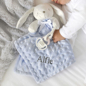 Personalised Blue Bobble Bunny Baby Comforter, 8 of 8