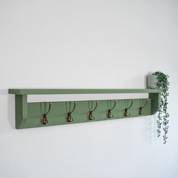 Green Coat Rack With Shelf, Shelf 10cm Deep, Shelf With Hooks, Black, Silver, Bronze, Copper, Chrome, Brass Hooks, Painted In F And B No.34, 5 of 8