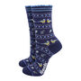 Blue Tits Fair Isle Bamboo Socks Womens Navy, thumbnail 1 of 4