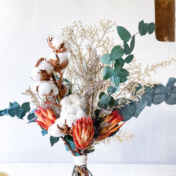 Cotton Blossom And Eucalyptus Bouquet With Proteas, 2 of 5