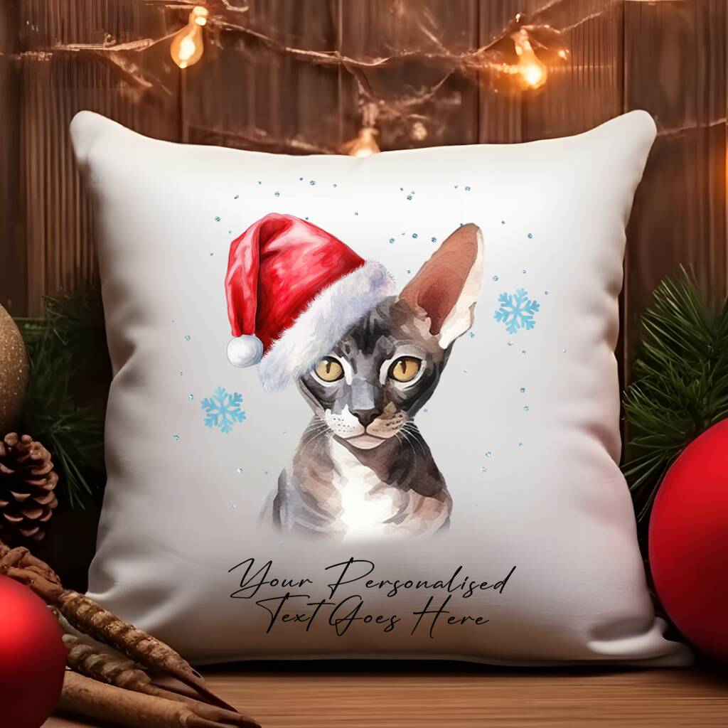 Personalised Cornish Rex Christmas Cat Santa Hat Cushion Cover