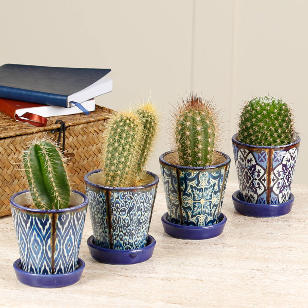 Set Of Four Distressed Blue Geometric Print Plant Pots By