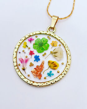 Pressed Flowers Circle Pendant Medium Hand Made, 2 of 10