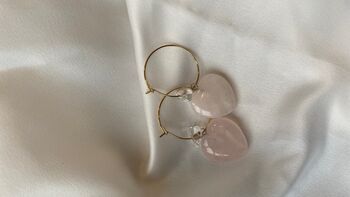 Valentines Rose Quartz Heart Charm Hoop Earrings, 2 of 10