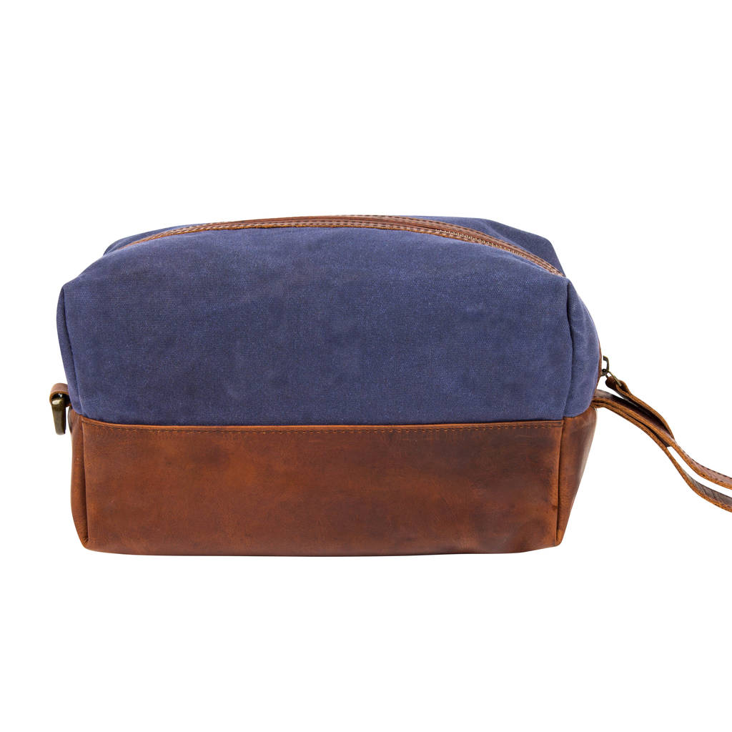 personalised blue canvas and leather wash bag/dopp kit by mahi leather