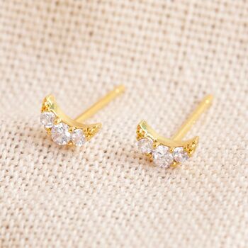 Tiny Crystal Moon Stud Earrings In Gold Plating, 3 of 6