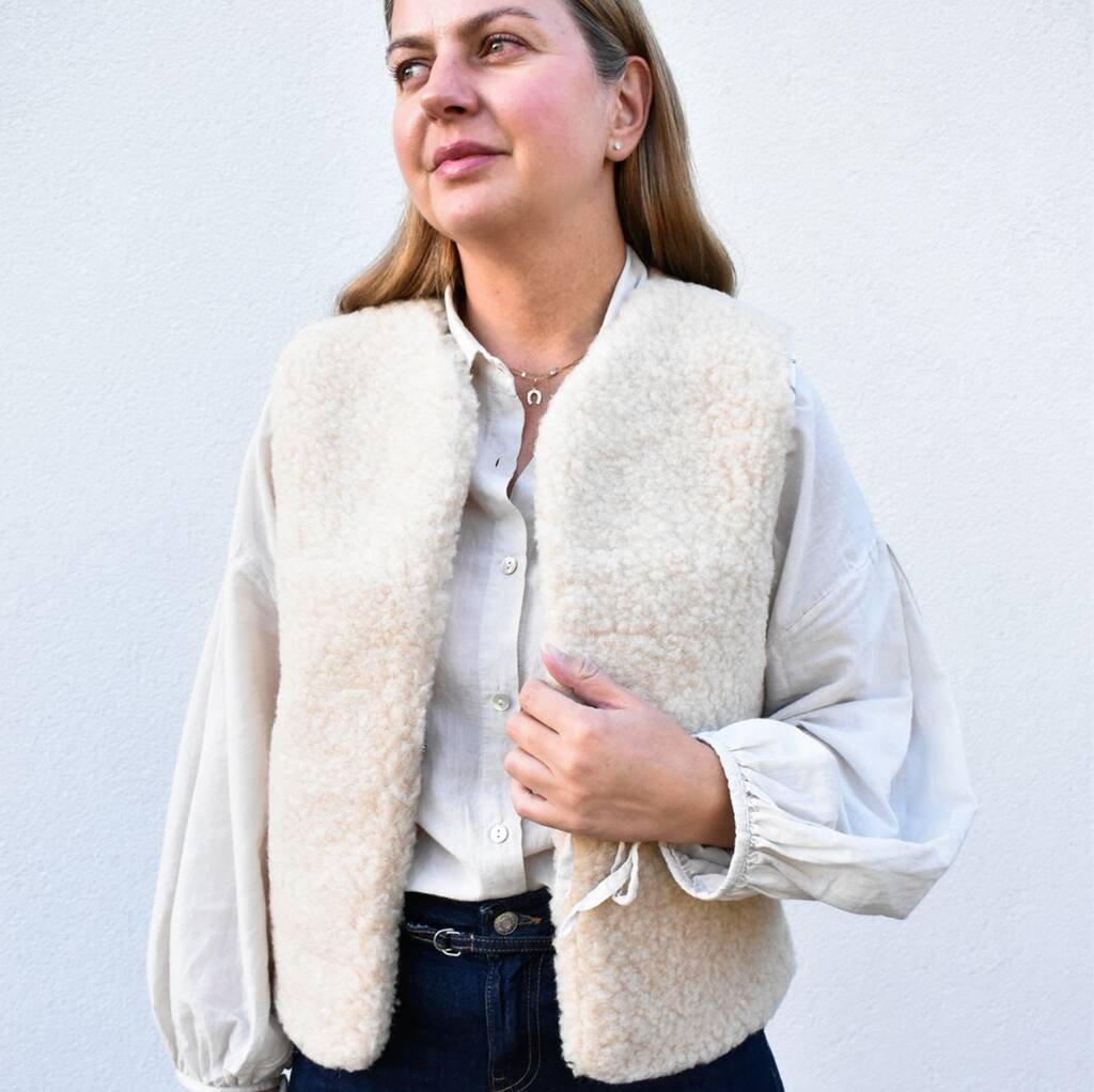 Wool Merino Short Gilet In Beige, 1 of 10