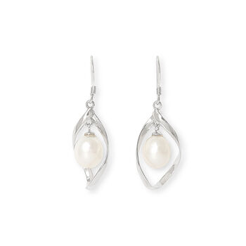 Gratia Cultured Freshwater Pearl Drop Earrings In Silver Swirls, 2 of 3
