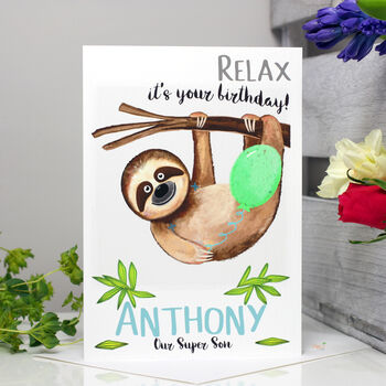 Personalised Sloth 'Relax' Birthday Card For Him, 3 of 9