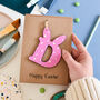Personalised Easter Card Wooden Letter Bunny Pink, thumbnail 1 of 2
