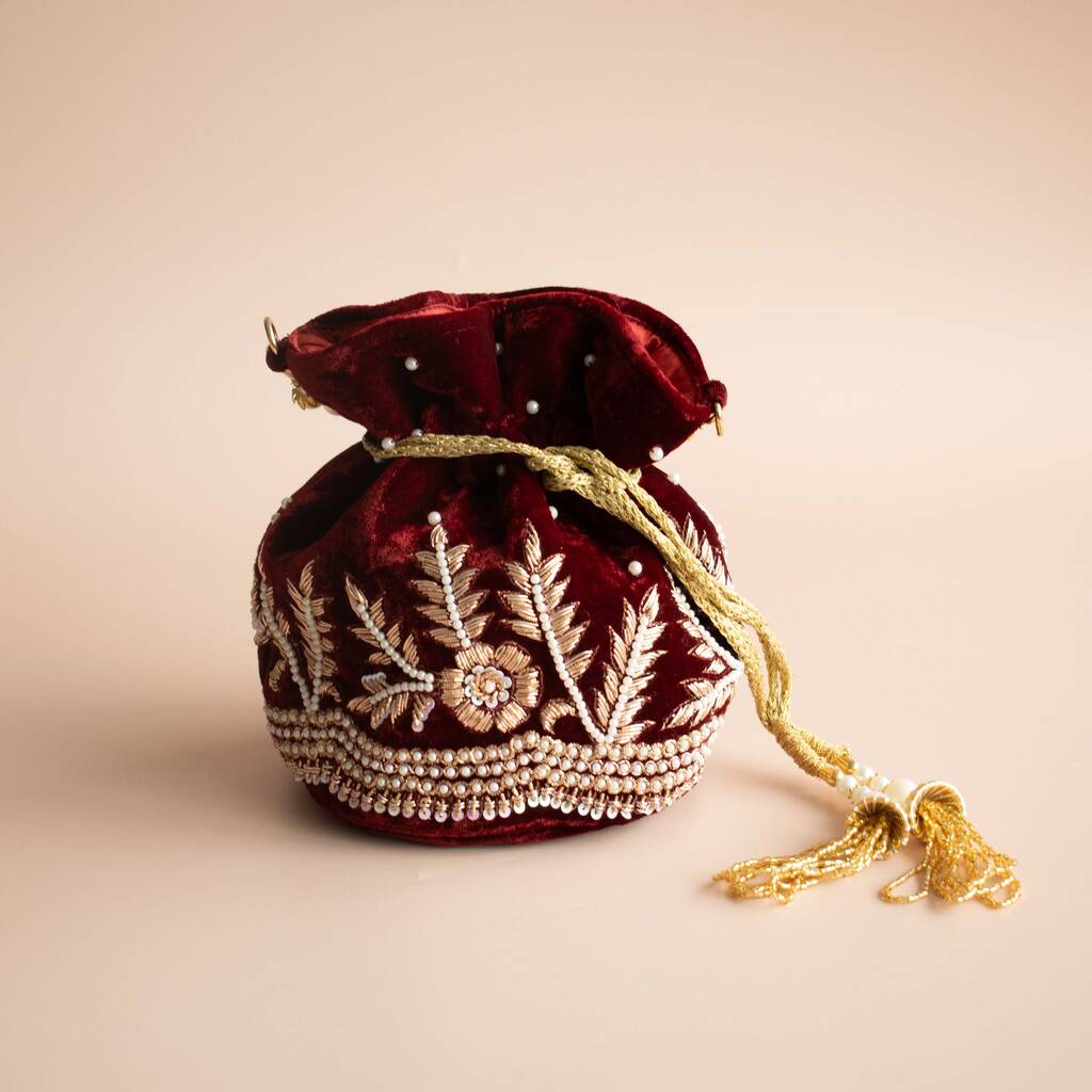 Potli Bag - Maroon velvet with mirror lace handle