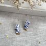 Blue And Gold Floral Ceramic Bar Stud Earrings, Minimalist Rectangular Studs, thumbnail 7 of 10
