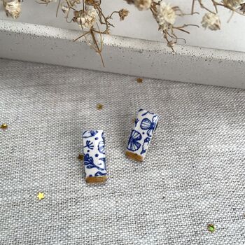 Blue And Gold Floral Ceramic Bar Stud Earrings, Minimalist Rectangular Studs, 7 of 10
