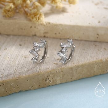 Baguette Cz Cluster Huggie Hoop In Sterling Silver, 4 of 12